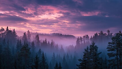 Misty forest at vibrant sunset. Silhouetted pine trees fill a valley shrouded in a purple-pink haze