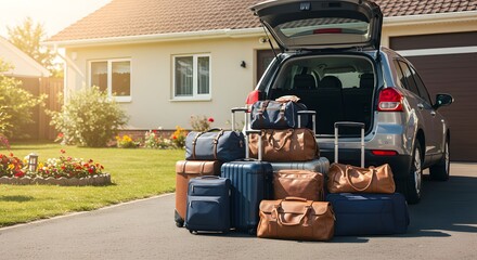 a car fully loaded with luggage, suggesting the start of a vacation trip