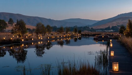 Obraz premium Tranquil evening by a pond, lit by lanterns