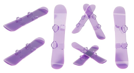 Set of purple snowboards displayed in various positions against a white backdrop for winter sports or design concepts