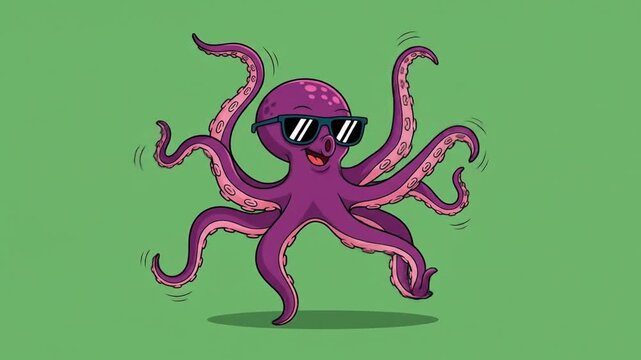 Cartoon octopus with sunglasses dancing with tentacles moving rhythmically on green screen