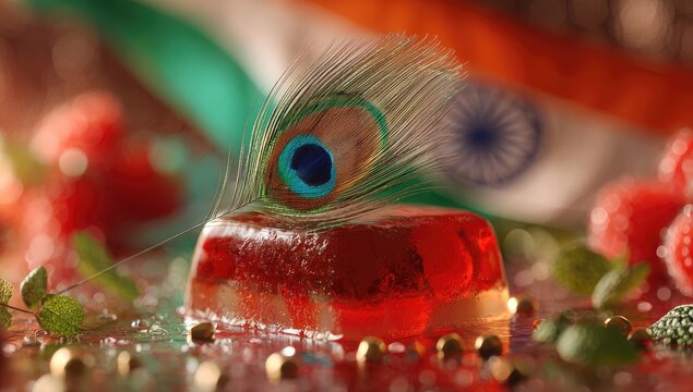 Peacock feather on red jelly, Indian flag