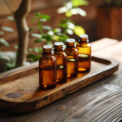 Essential Oil Bottles on Wooden Tray