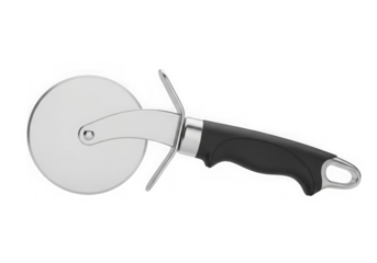 Stainless steel pizza cutter with a black handle isolated on transparent background