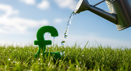 Green Pound Sign on Grass being Watered by Watering Can on a Sunny Day