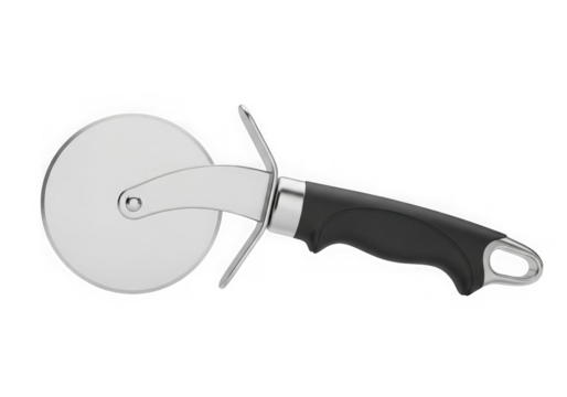 Stainless steel pizza cutter with a black handle isolated on transparent background