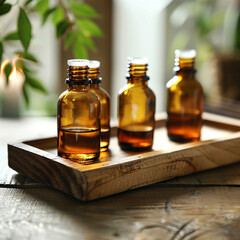 Essential Oil Bottles on Wooden Tray