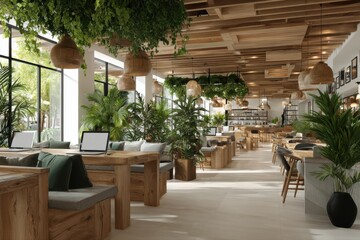 A 3D render of freelancers working in a cozy office space, with a large plant in a pot adding a touch of greenery to the workspace.