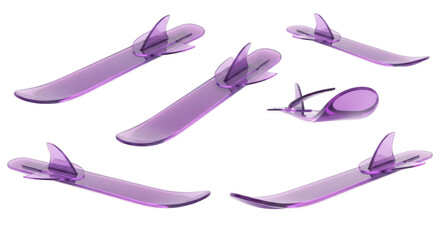 Transparent purple snowboards arranged on a white surface a product display of modern winter sports equipment