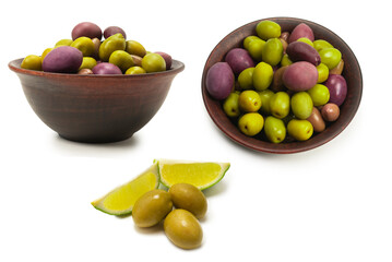 Olives in ceramic brown bowl isolated on white