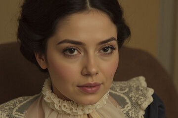 Close-Up Portrait of Victorian Female Historical Reenactor in Sepia Tone
