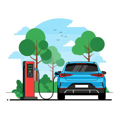 Flat design illustration of a blue electric car at a charging station. Eco-friendly vehicle in a natural park setting.
