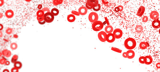 Abstract background with red rings falling on white. Perfect for presentations or websites.