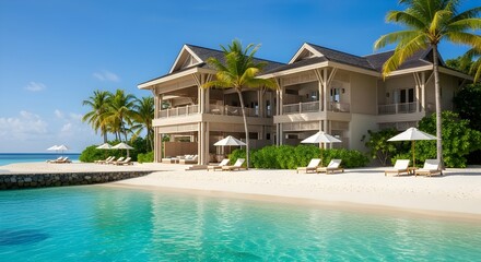 Luxurious waterfront villa with turquoise water in paradise
