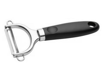 Stainless steel vegetable peeler with black handle isolated on transparent background
