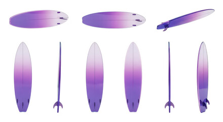 Purple surfboard in various positions isolated against a white background showcasing design and construction for surf sport