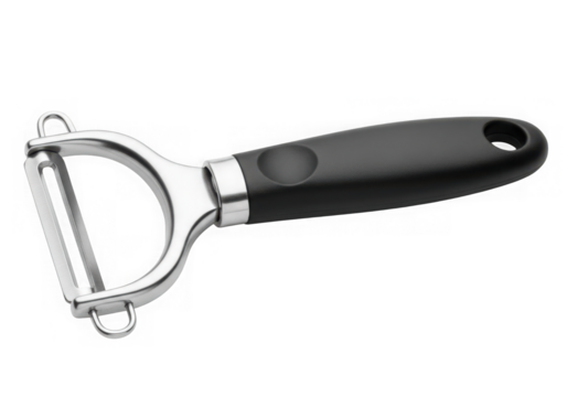 Stainless steel vegetable peeler with black handle isolated on transparent background