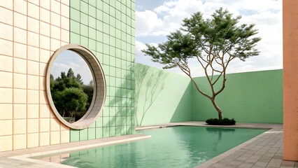 Serene modern courtyard oasis with turquoise pool, lush tree, and circular window framing nature