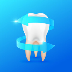 Strong and healthy tooth root. Two arrows blue rotating around molar teeth on dark background. For design dentist or dentistry treatments. Vector EPS10.