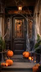 Haunted mansion door with cobwebs and jack-o-lanterns, pumpkin, horror, spooky decor