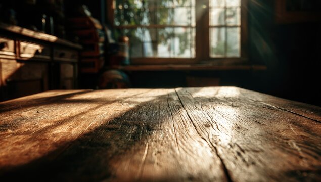 Wooden table, sunbeams, and shadows.  Blurred room background - Powered by Adobe
