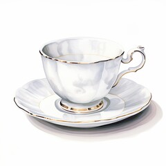 Watercolor Delicate Porcelain Teacup With Saucer, isolated on a white background.