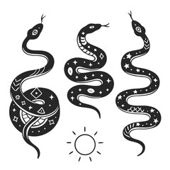 Stylized black snakes with celestial patterns stars