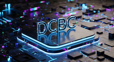 Illuminated Circuit Board with Neon Accents and Microchip in Dark Ambiance Presents High Tech Computer Hardware