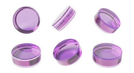 Purple cosmetic jars arranged in various positions on a white background suitable for product promotion or beauty industry visuals
