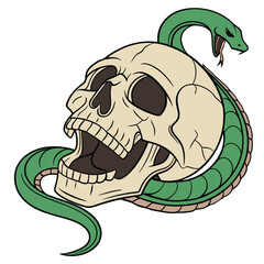 Stylized human skull entwined with green serpent snake
