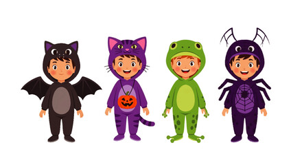 Group of cute cartoon children in Halloween costumes: bat cat frog and spider.