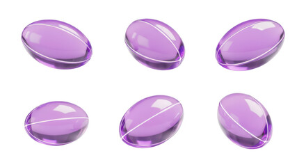 Purple transparent capsules rotating on a white surface showcasing pharmaceutical or health supplement concepts