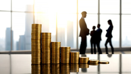 Golden coins stacked ascending beside business team silhouettes in bright modern office