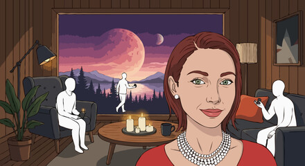 Illustration of a Woman in a Cozy Room with Silhouettes