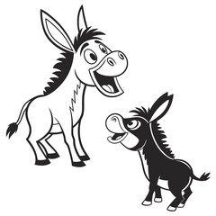 Two stylized cartoon donkeys black and white vector
