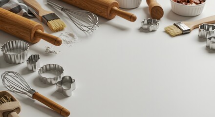 A collection of baking utensils and tools, for preparing baked goods like cakes, cookies, or pastries on white surface
