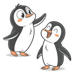 Adorable stylized penguins waving and smiling cartoon