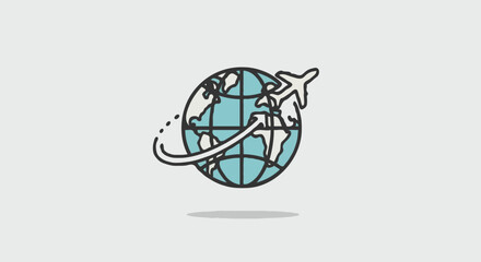 Minimalist Line Art Illustration of a Globe with an Airplane Orbiting