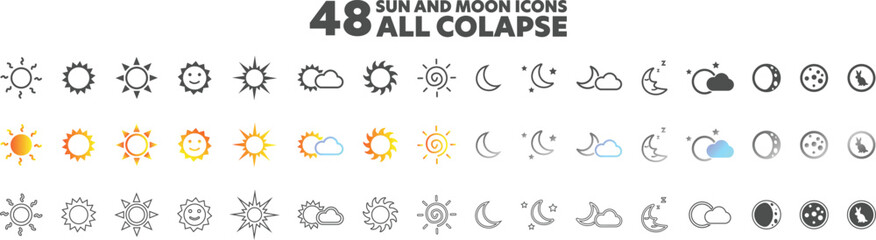 Sun and Moon Icon Collection: A visually striking collection of 48 sun and moon icons in various styles, perfect for design elements, weather applications, or any project needing celestial symbols.