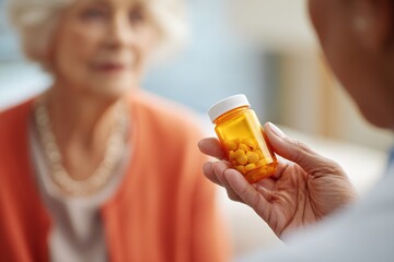 Senior woman consulting with healthcare provider about medication in a bright and calm environment