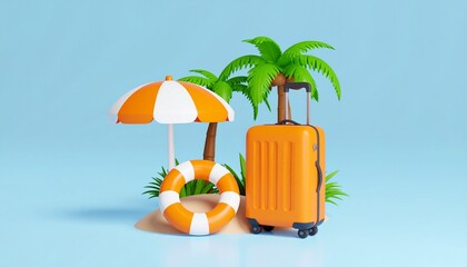 Obraz premium 3D illustration beach vacation concept. Orange suitcase with palm trees, sea, beach umbrella, lifebuoy. Summer travel, adventure, holiday, journey idea. Tourism. Vacation, trip. Tropical island claim
