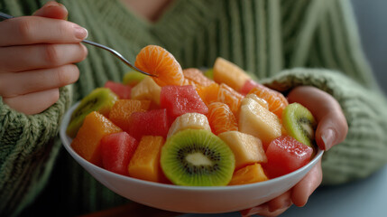 Mindful Eating Practices type. Fresh fruit salad served in a bowl with vibrant colors and textures.