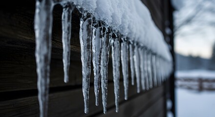 Icicles hanging on wood cabin