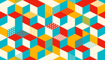 Seamless geometric pattern of colorful 3D cubes in red, yellow, white, and blue. Textured with waves, stripes, and dots for depth. Bold, abstract, and visually engaging design.