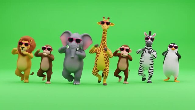 Group of different 3D animals all dancing together in sync, all wearing sunglasses, green screen loop