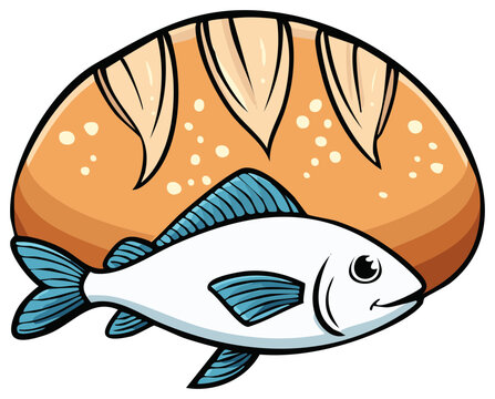 Cartoon illustration of the Christian religious symbol of loaves and fish
