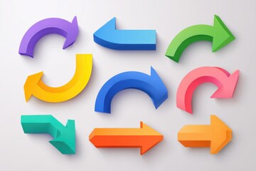 Set of colorful, 3D, stylized arrows in various directions