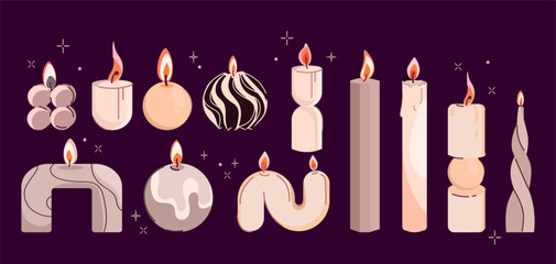 Stylish Home Decor Candles in Various Shapes. Decorative candles set with modern sculptural shapes and burning flames, for home decor wellness product design, design elements, packaging. Vector