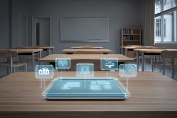 Digital tablet with educational icons on classroom table