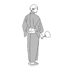 Line Art Vector of a Man in Yukata Holding a Fan from Behind